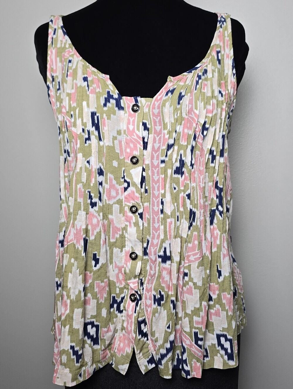 Maeve Anthropologie Olive Green Pink and Navy Button-Front Tank Top